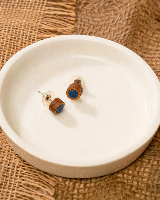 WHE Unisex Blue Round Repurposed Fabric and Wood Studs