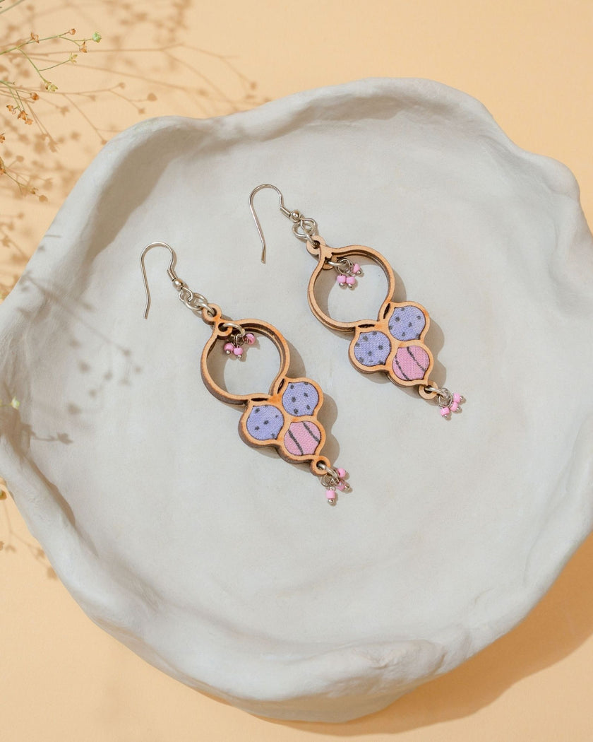WHE Floral Purple Repurposed Fabric and Wood Round Danglers