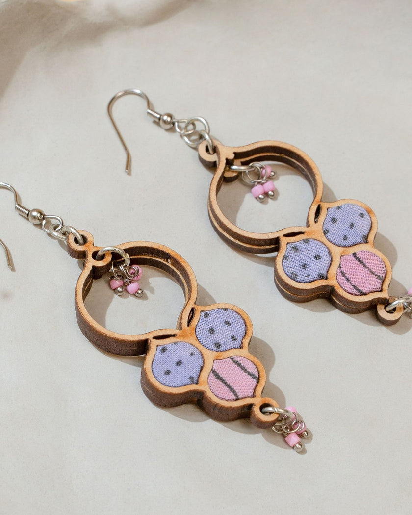 WHE Floral Purple Repurposed Fabric and Wood Round Danglers