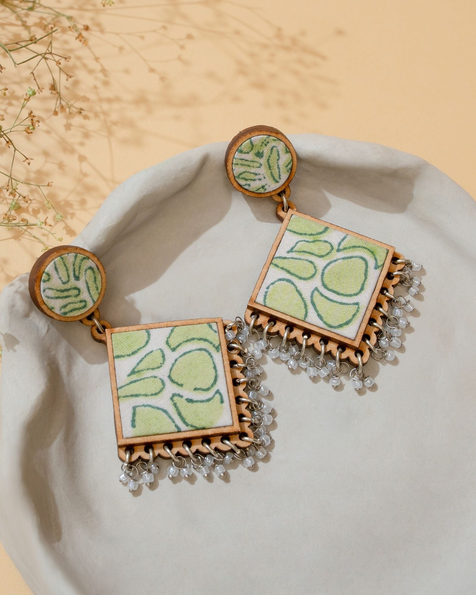 WHE Green Repurposed Fabric and Wood Diamond Earrings