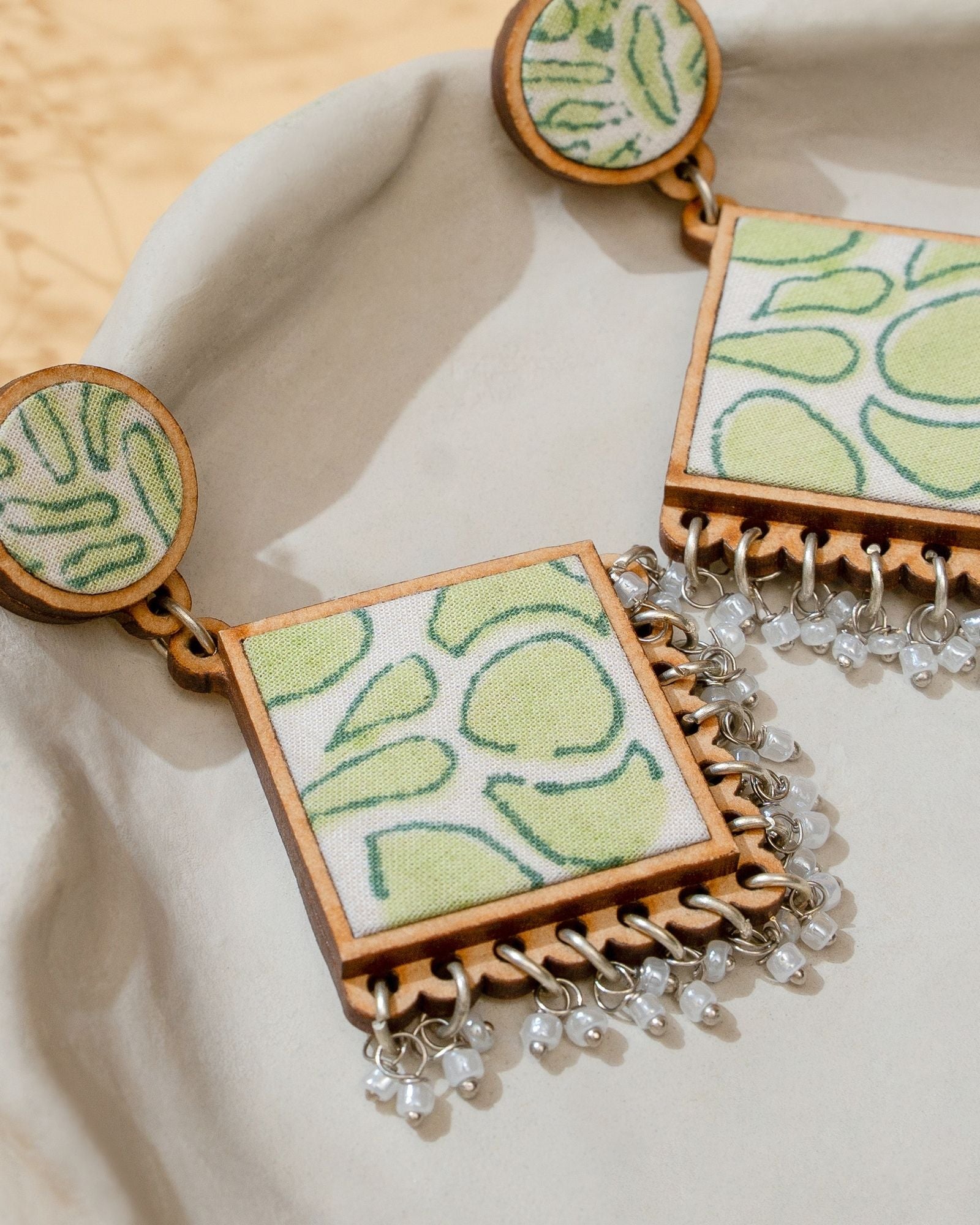 WHE Green Repurposed Fabric and Wood Diamond Earrings