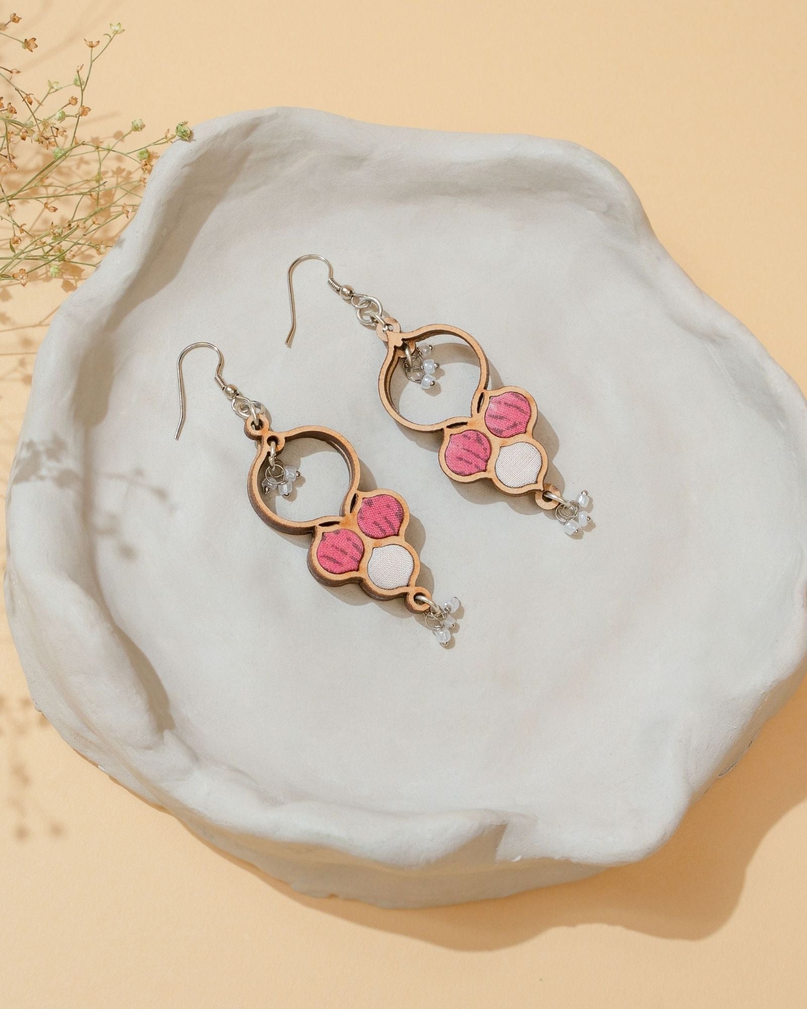 WHE Pink and White Repurposed Fabric and Wood Danglers