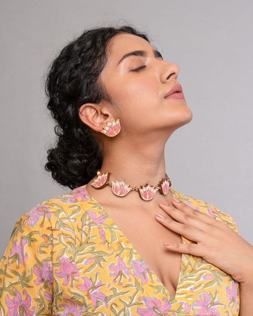 WHE Pink Bloom Lotus Repurposed Fabric and Wood Earrings