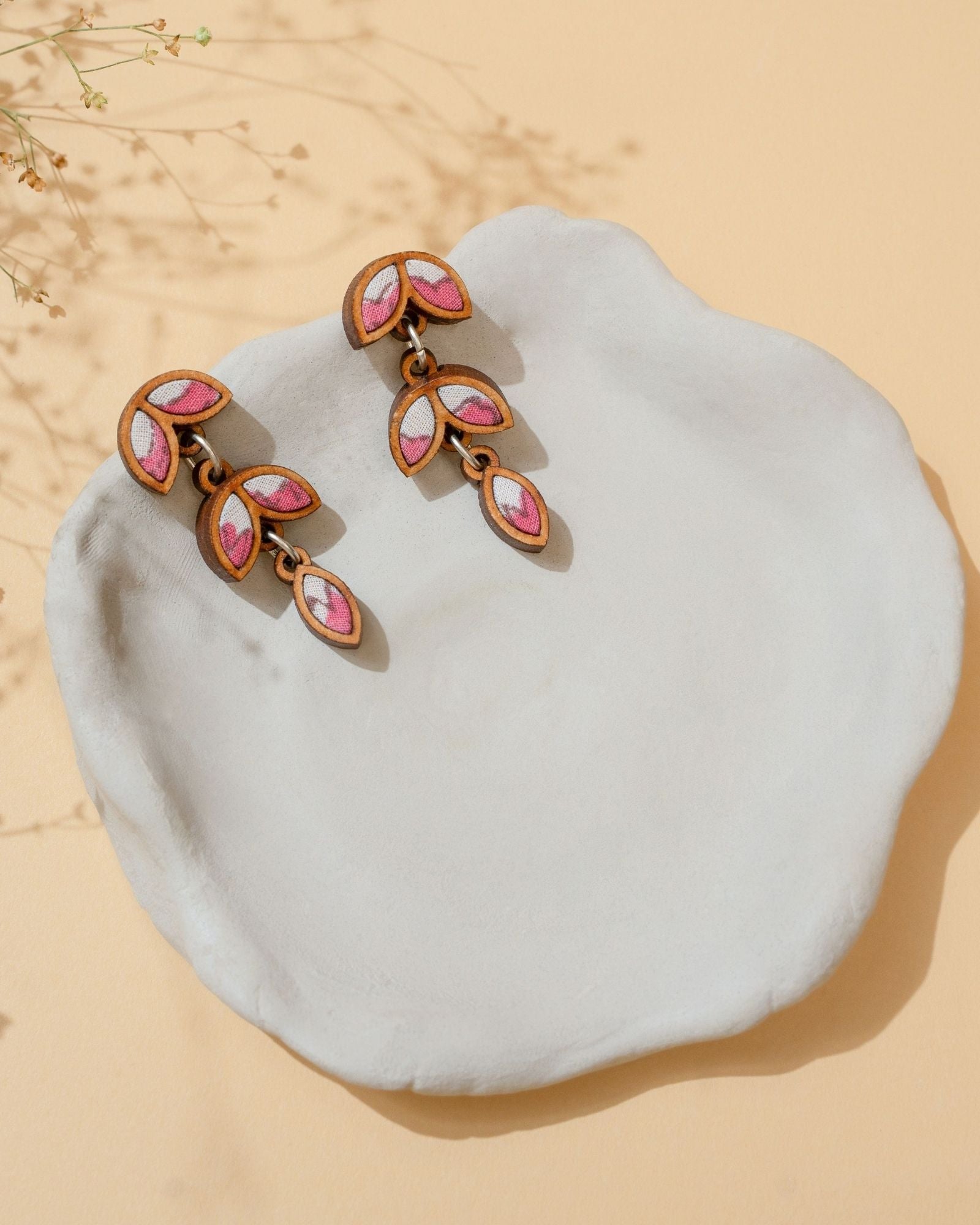 WHE Pink White Bloom Repurposed Fabric and Wood Leaf Dangler