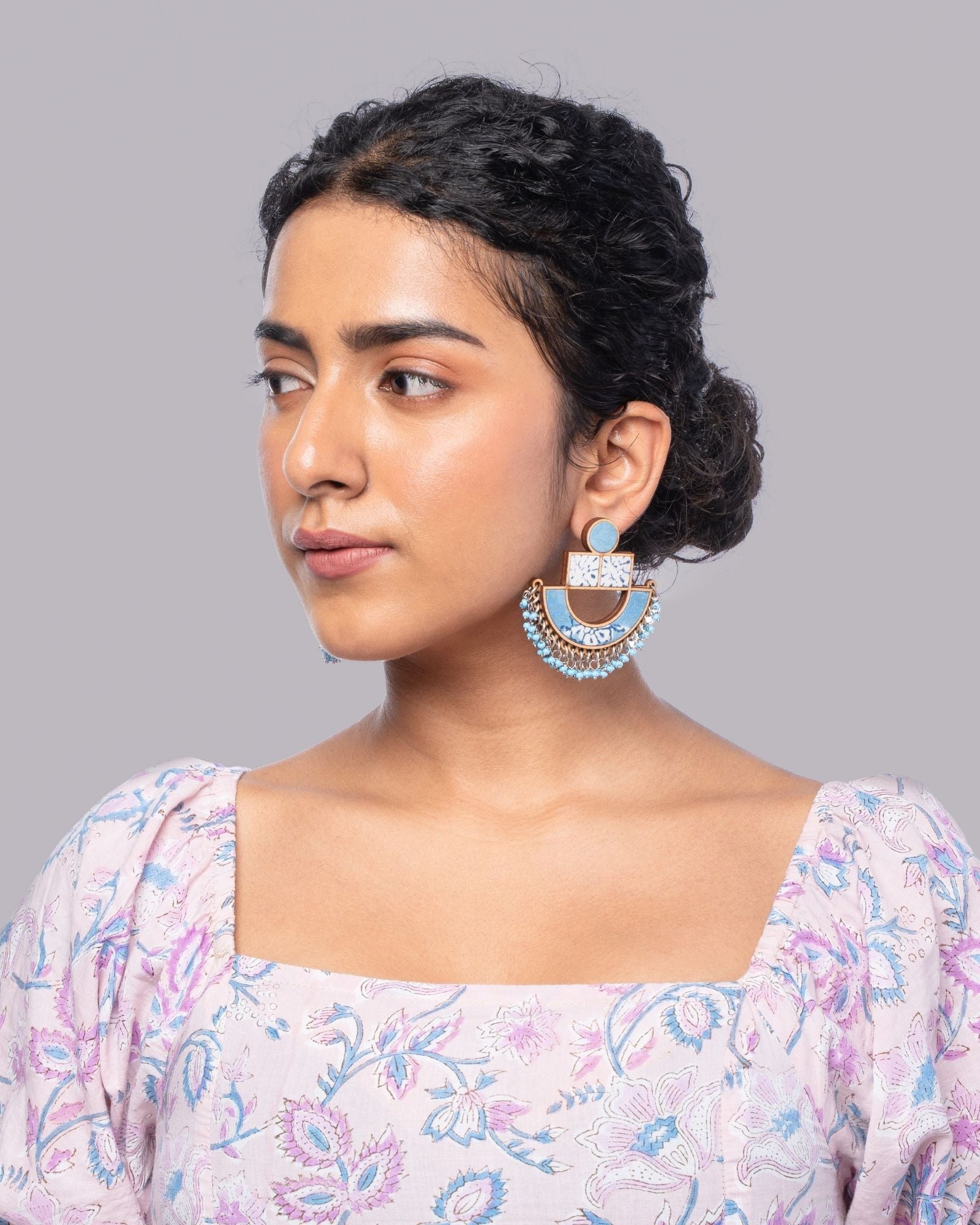 WHE Blue Repurposed Fabric and Wood Statement Earrings