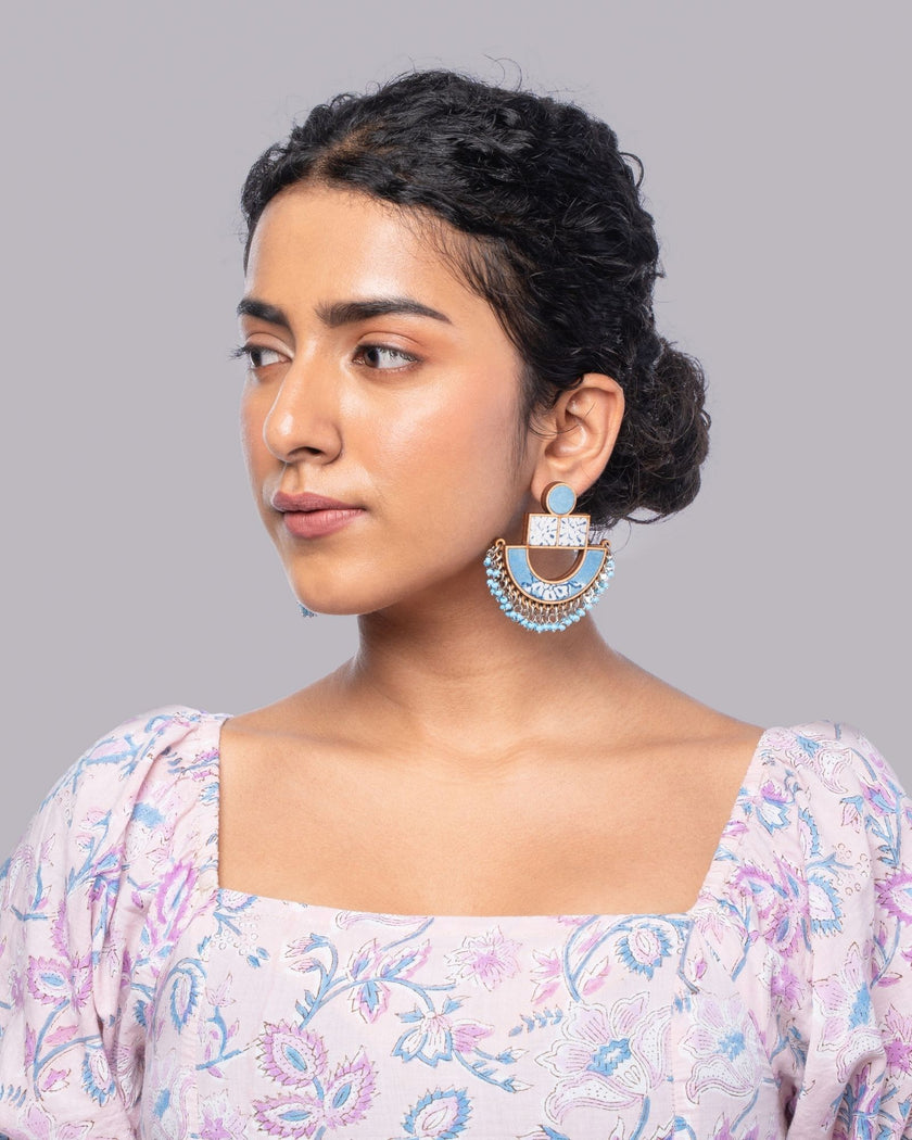 WHE Blue Repurposed Fabric and Wood Statement Earrings