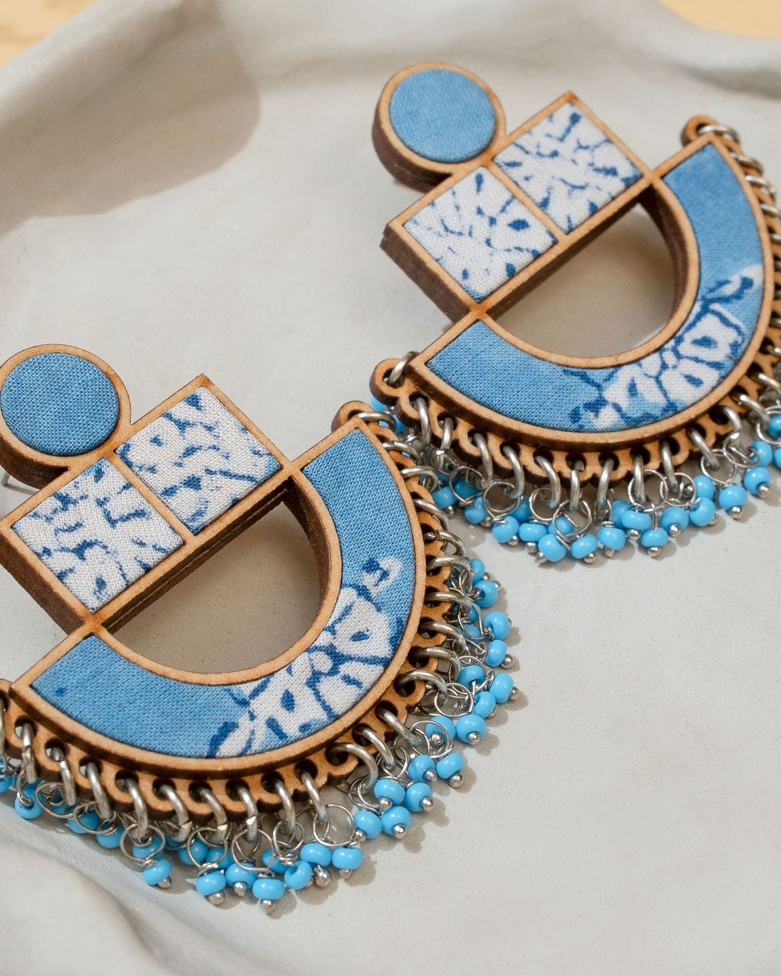 WHE Blue Repurposed Fabric and Wood Statement Earrings