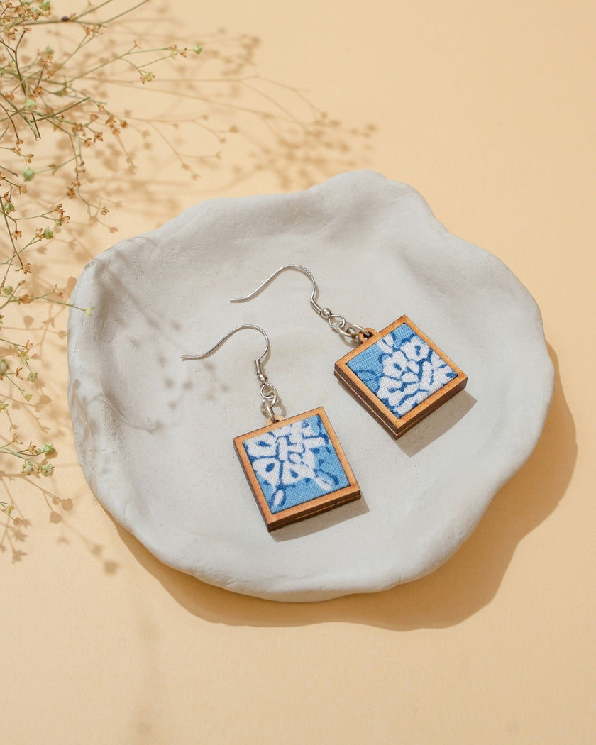 WHE Blue Repurposed Fabric and Wood Square Earrings