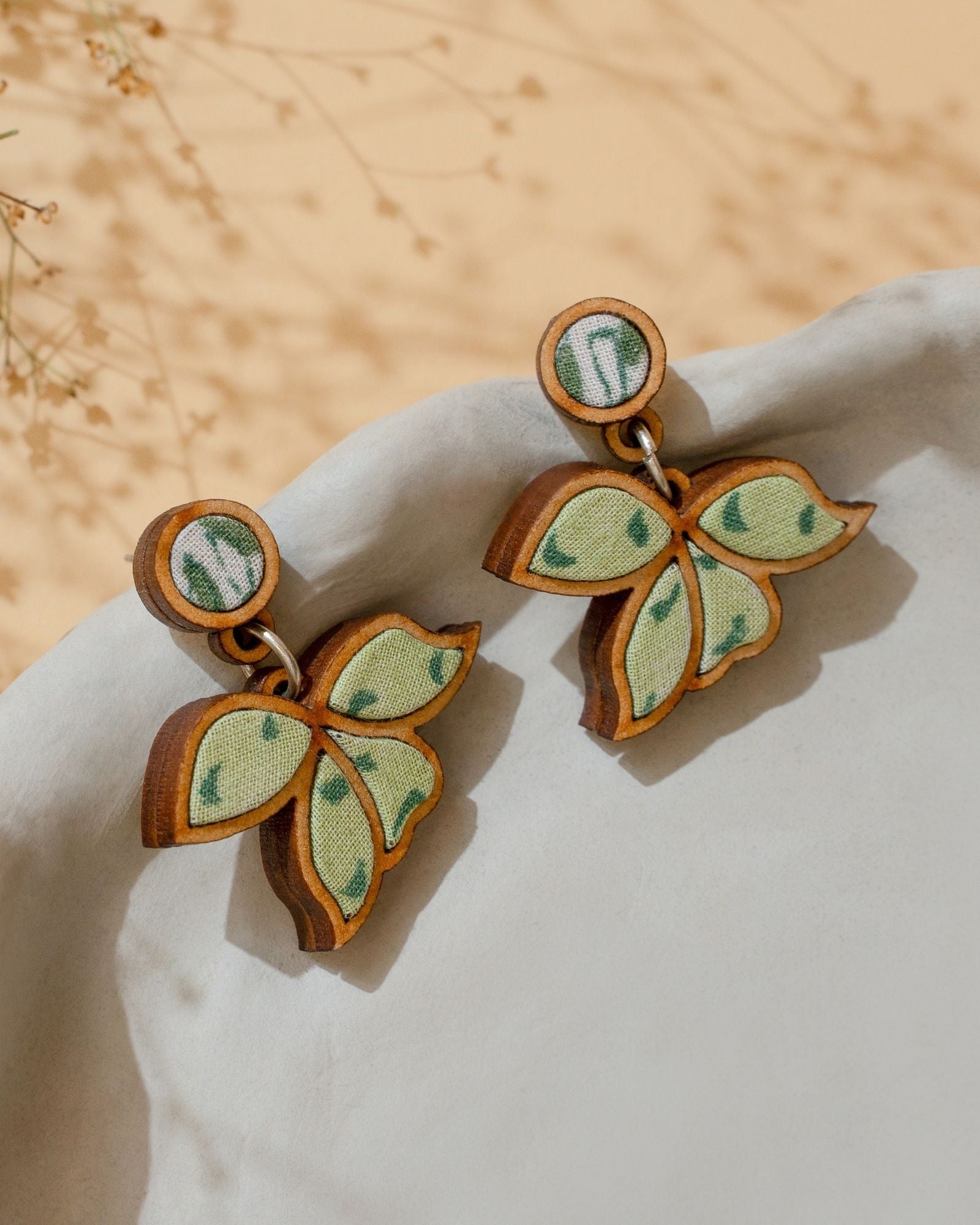 WHE Green Bloom Repurposed Fabric and Wood Leaf Earrings