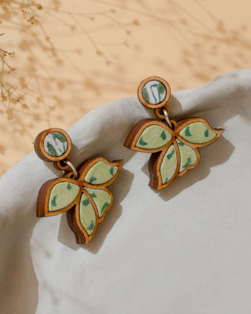 WHE Green Bloom Repurposed Fabric and Wood Leaf Earrings