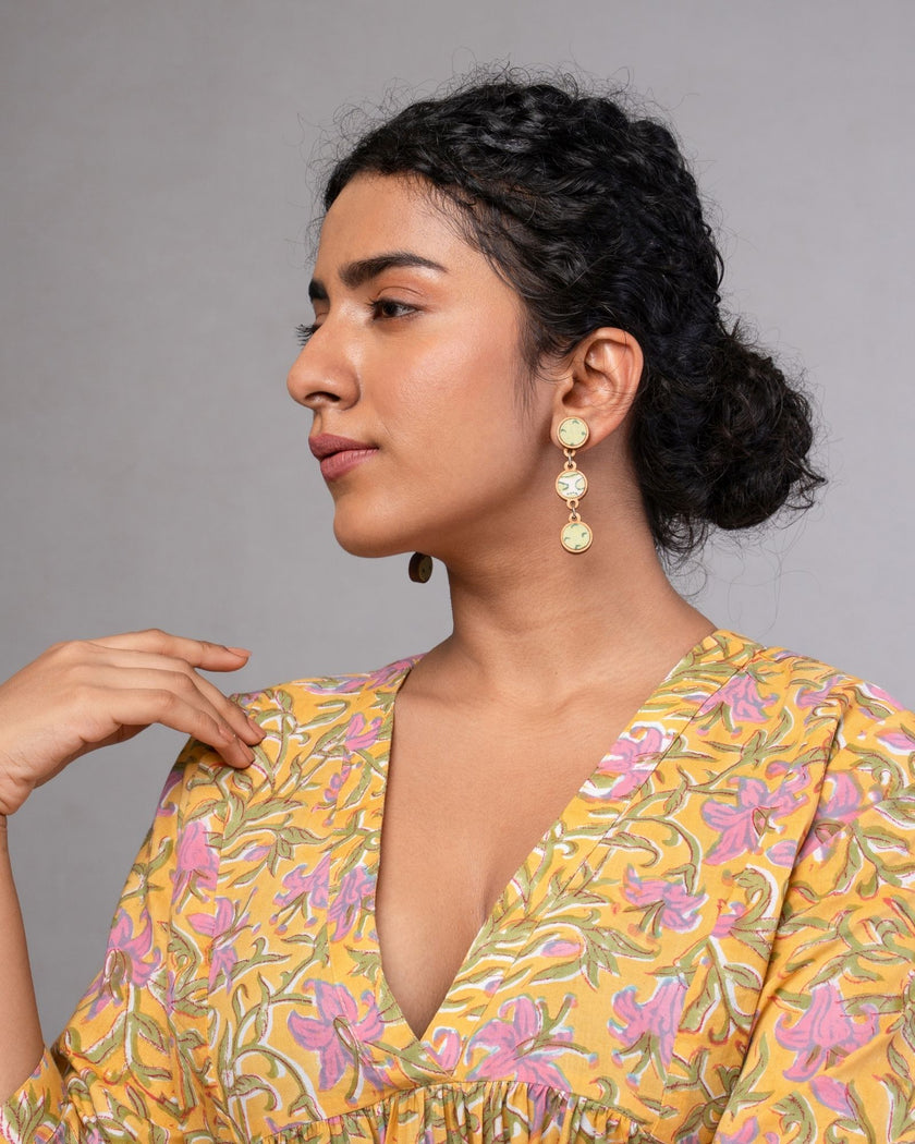 WHE Green Repurposed Fabric and Wood Connecting Round Earrings