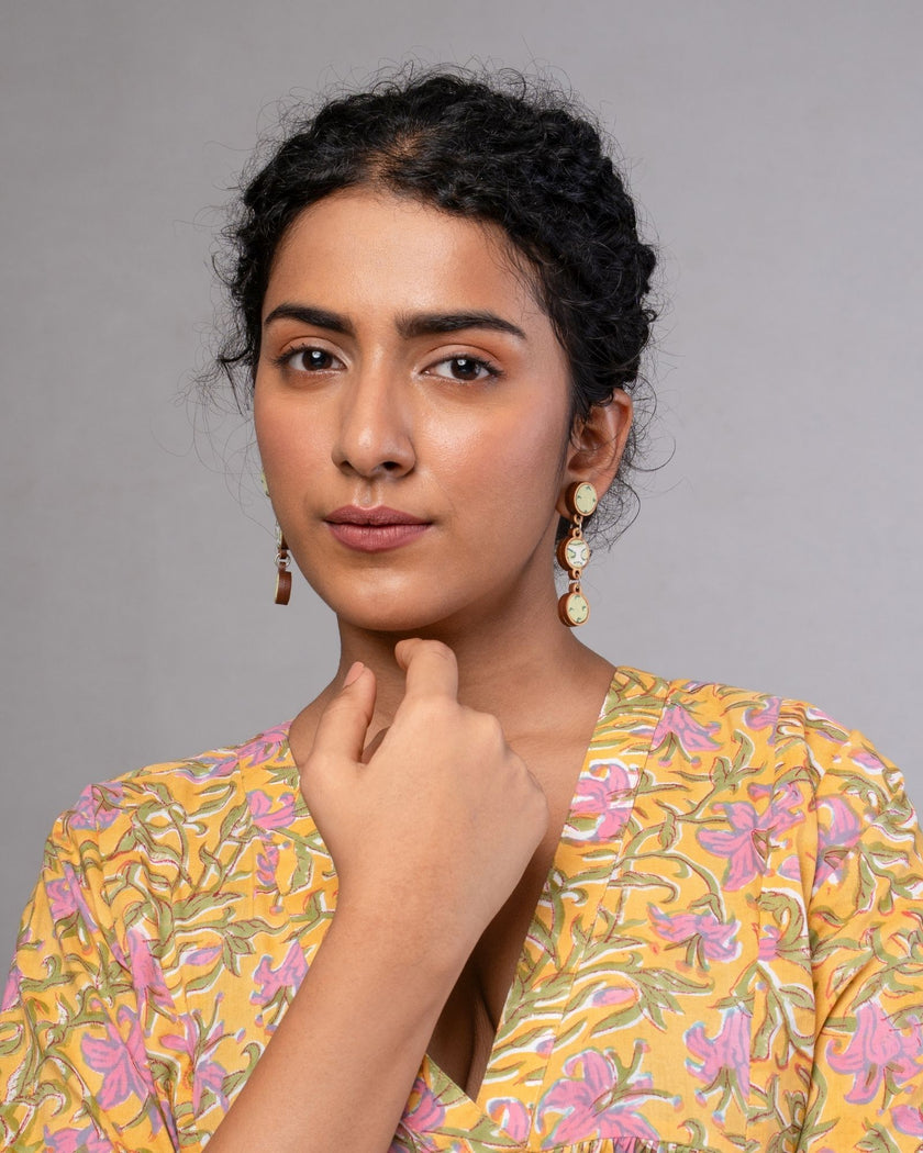 WHE Green Repurposed Fabric and Wood Connecting Round Earrings