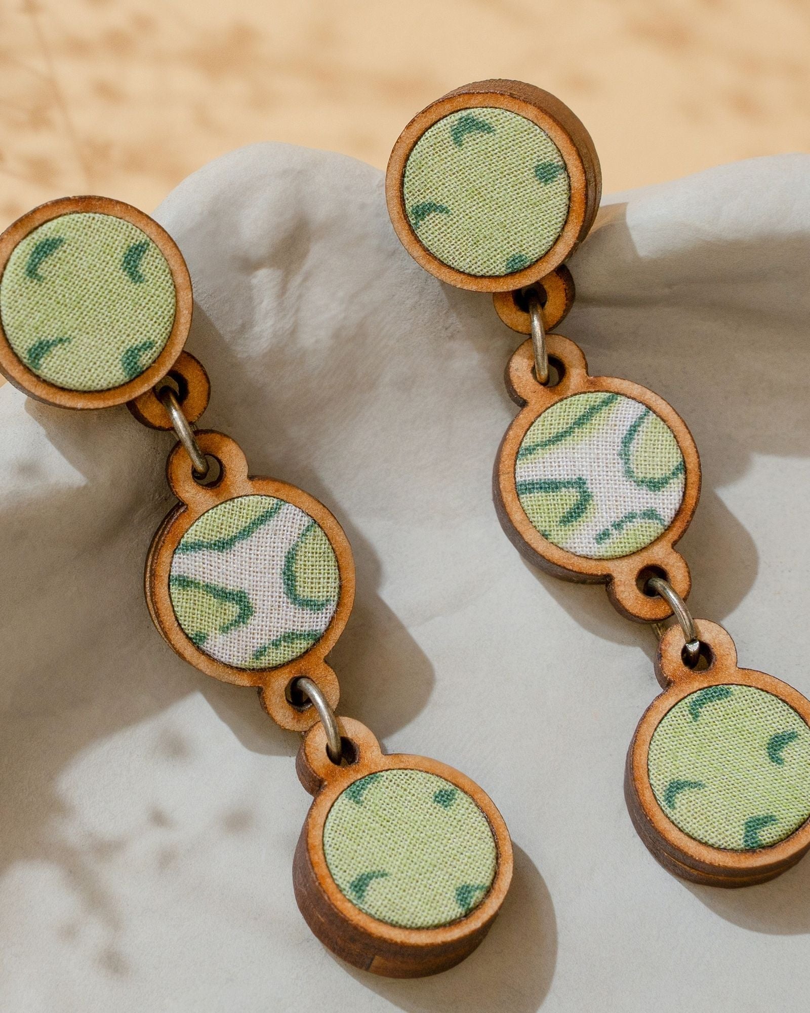 WHE Green Repurposed Fabric and Wood Connecting Round Earrings