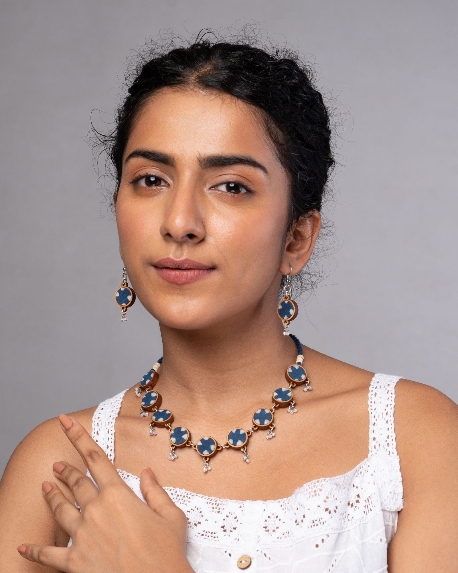 WHE Indigo Blue Fabric and Repurposed Wood Danglers