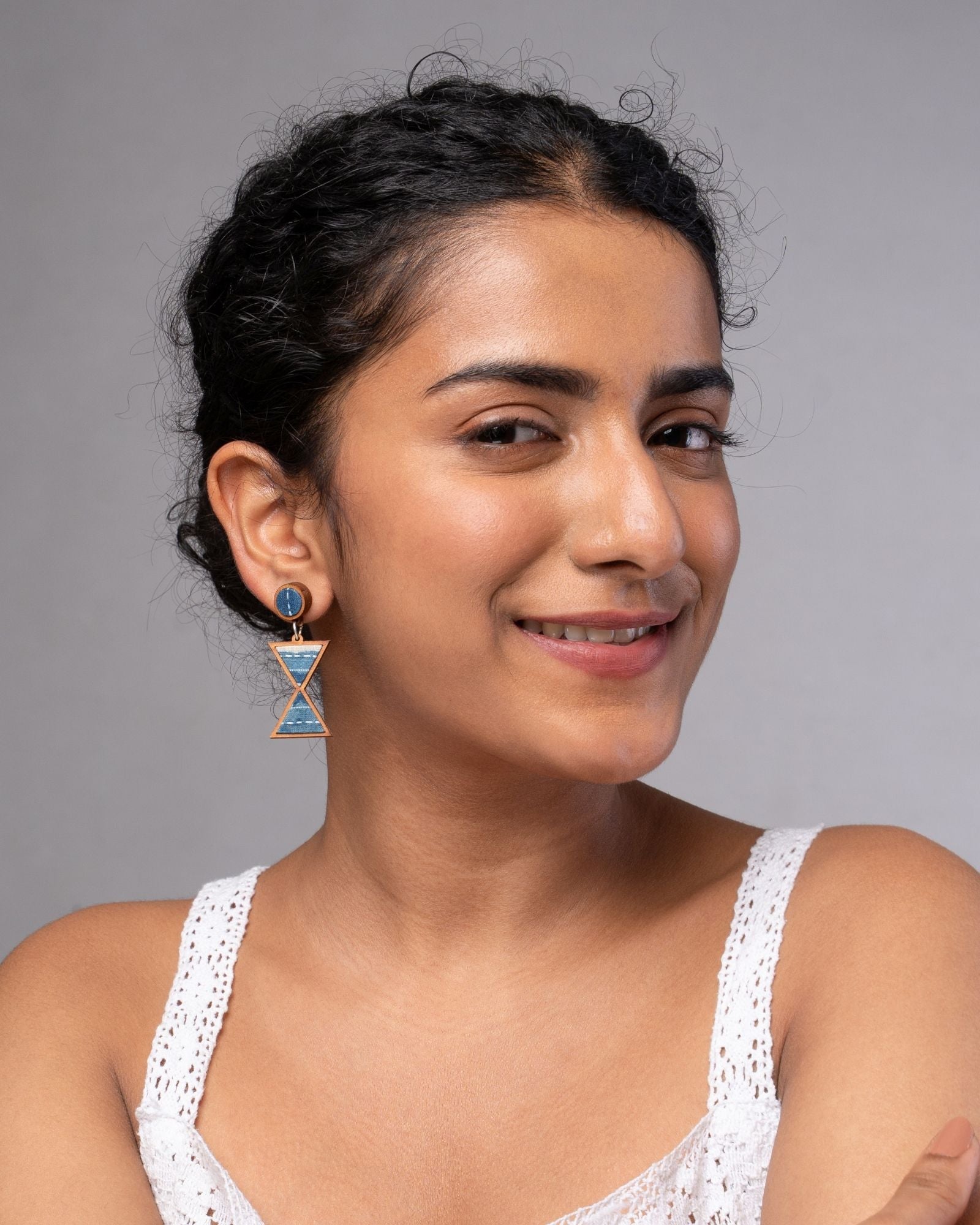 WHE Shades of Indigo Blue Warli Inspired Repurposed Fabric and Wood Earrings