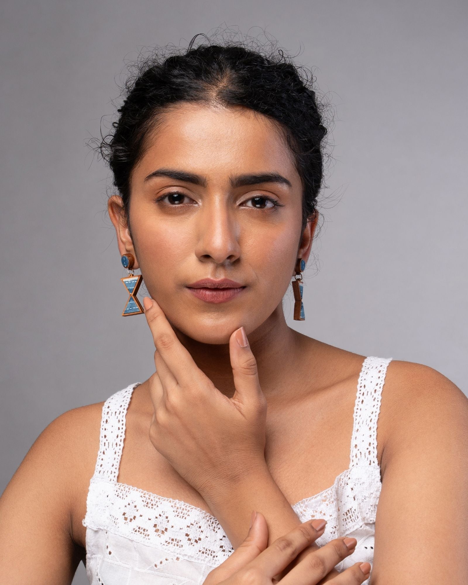 WHE Shades of Indigo Blue Warli Inspired Repurposed Fabric and Wood Earrings