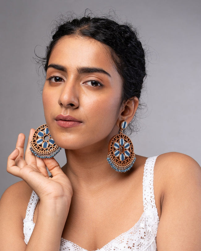 WHE Indigo Blue Wheel Repurposed Fabric and Wood Earrings