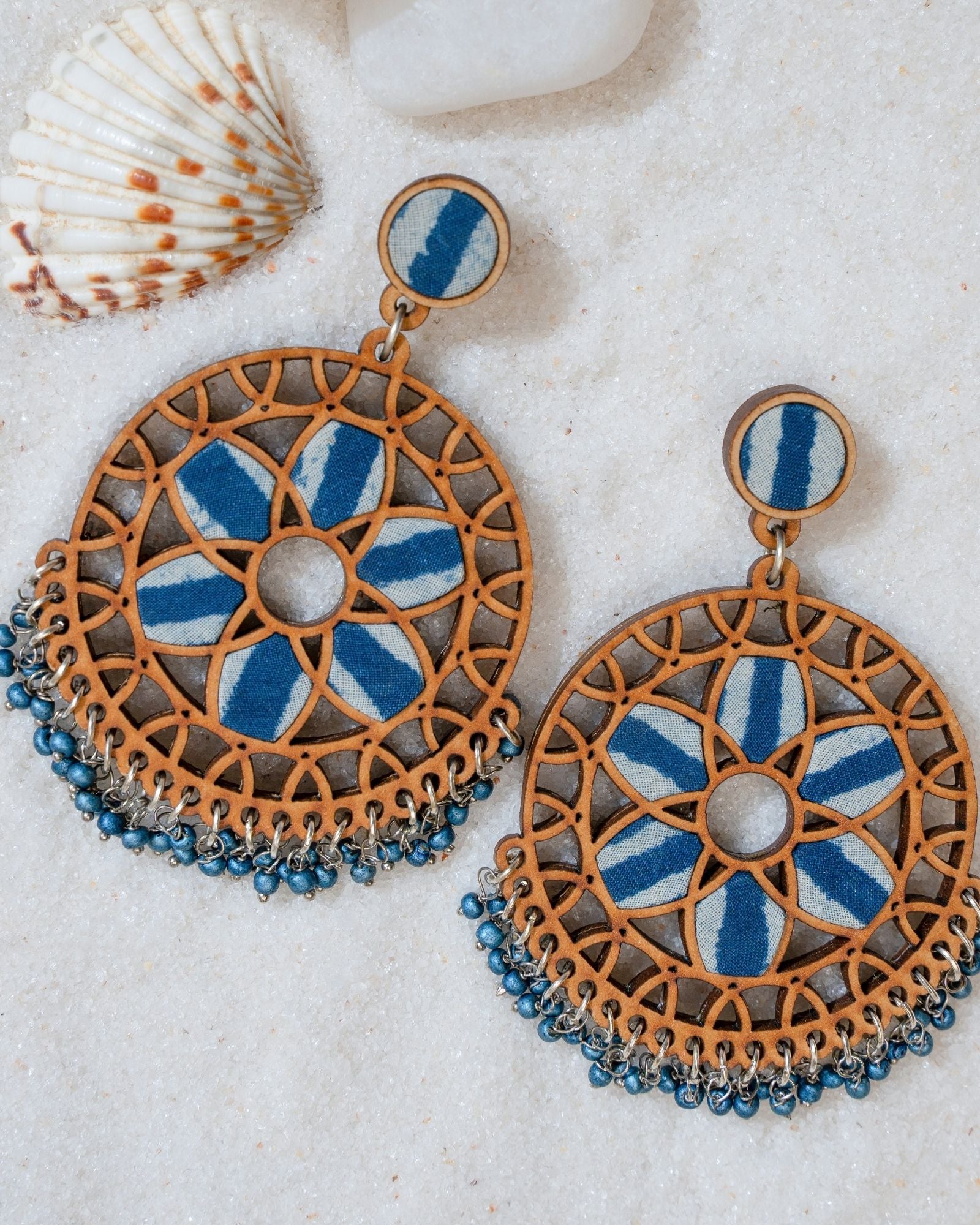 WHE Indigo Blue Wheel Repurposed Fabric and Wood Earrings