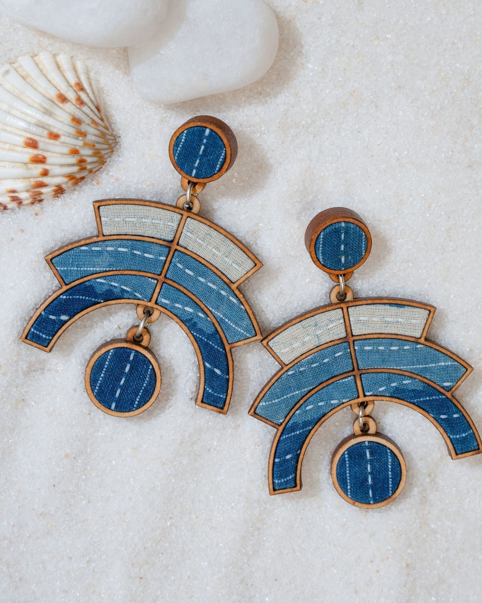 WHE Shade of Indigo Blue Arch Repurposed Fabric and Wood Earrings