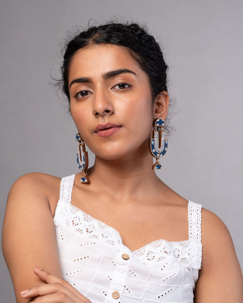 WHE Indigo Blue Repurposed Fabric and Wood Statement Earrings
