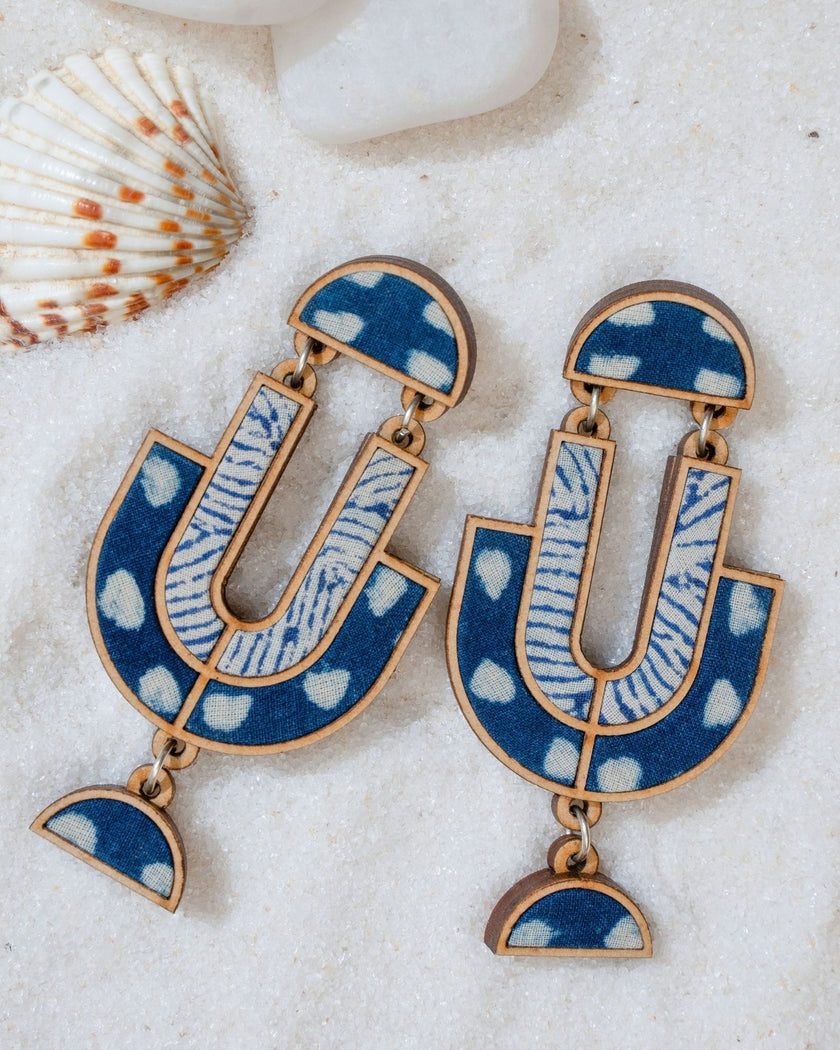 WHE Indigo Blue Repurposed Fabric and Wood Statement Earrings