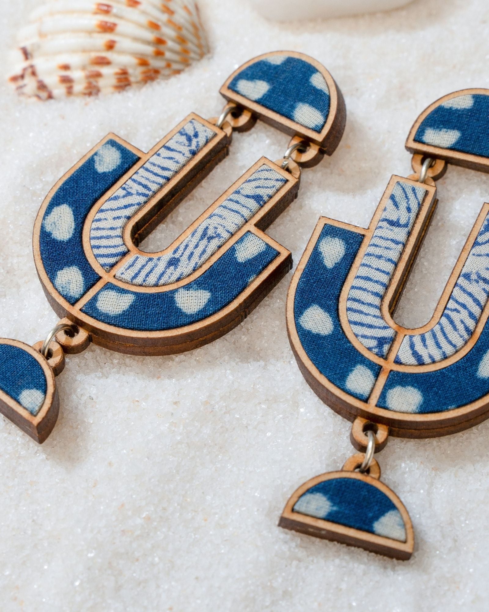 WHE Indigo Blue Repurposed Fabric and Wood Statement Earrings