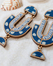 WHE Indigo Blue Repurposed Fabric and Wood Statement Earrings
