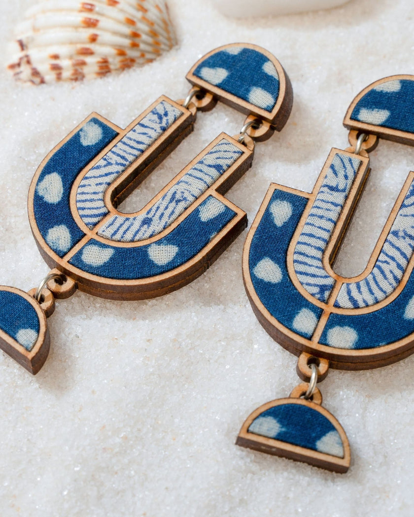 WHE Indigo Blue Repurposed Fabric and Wood Statement Earrings