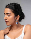WHE Blue Ikat Fabric and Repurposed Wood Square Danglers