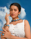 WHE Shades of Indigo Blue Repurposed Fabric and Wood Square Danglers