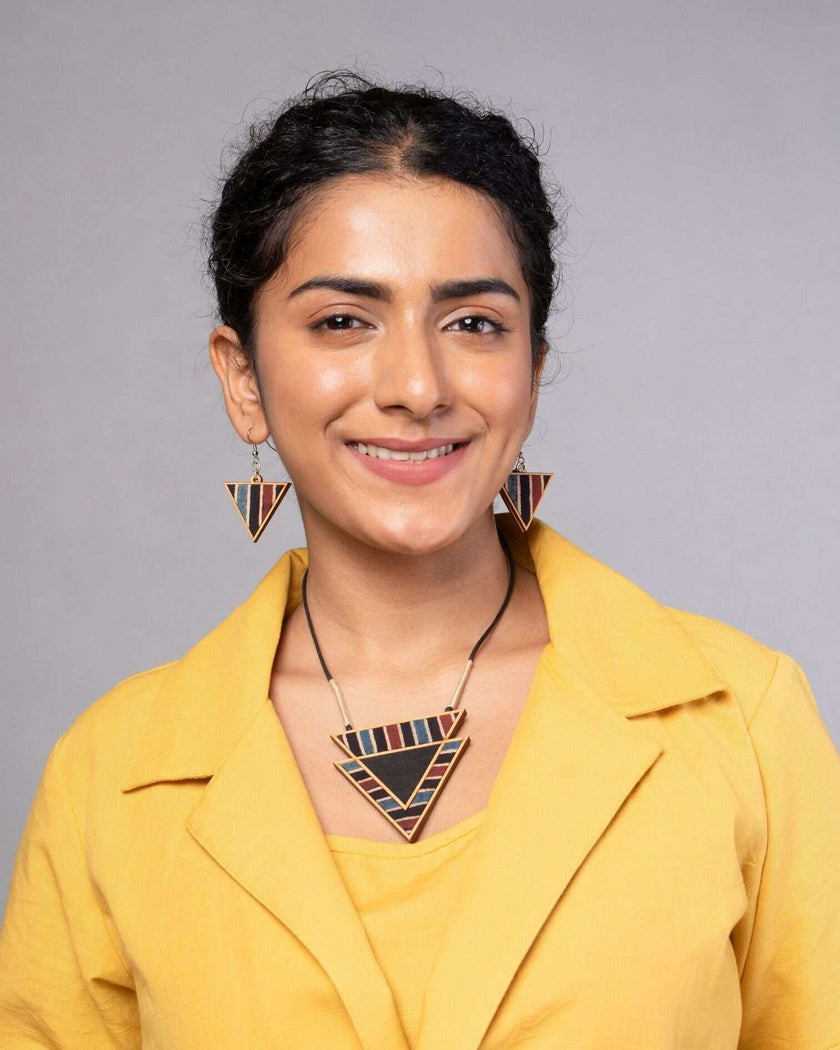 WHE Multicolor Ajrakh Repurposed Fabric and Wood Triangular Dangler