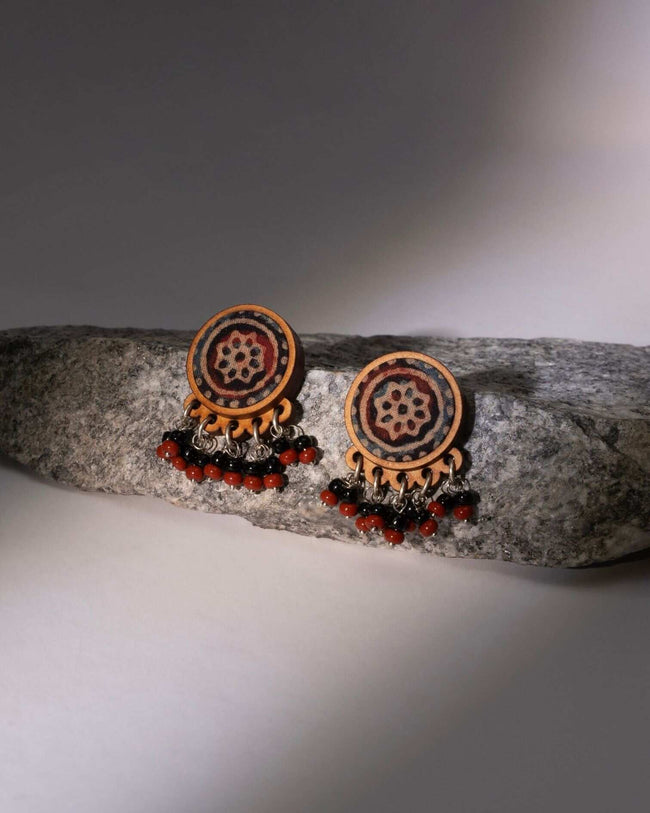 WHE Multicolor Ajrakh Repurposed Fabric and Wood Round Studs