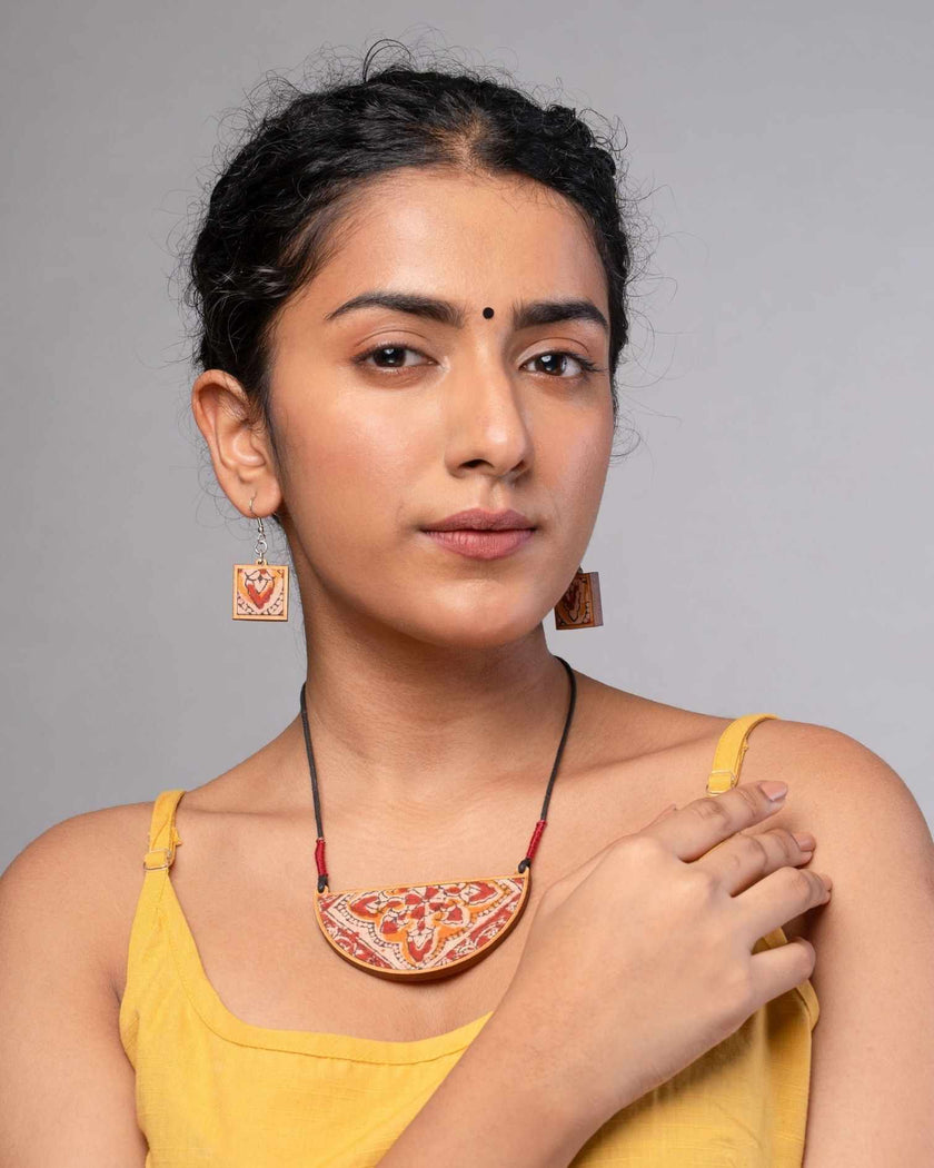 WHE Red Repurposed Kalamkari Fabric and Repurposed Wood Earrings