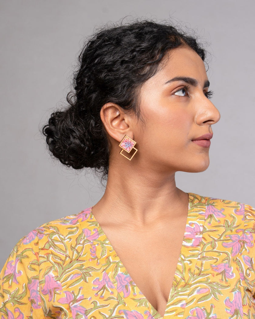 WHE Double Square Pink Repurposed Fabric and Wood Earrings