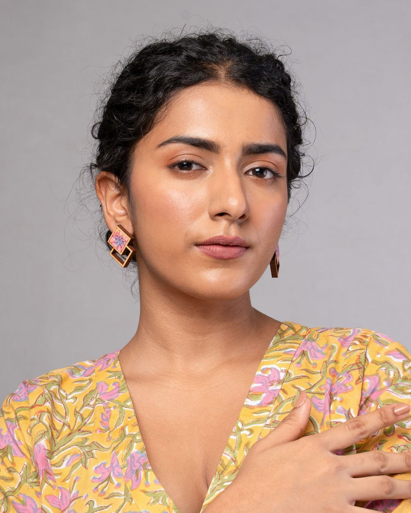 WHE Double Square Pink Repurposed Fabric and Wood Earrings