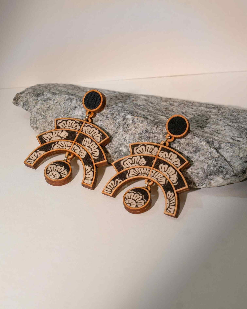 WHE Black Kalamkari Floral Arch Repurposed Fabric and Wood Statement Earrings