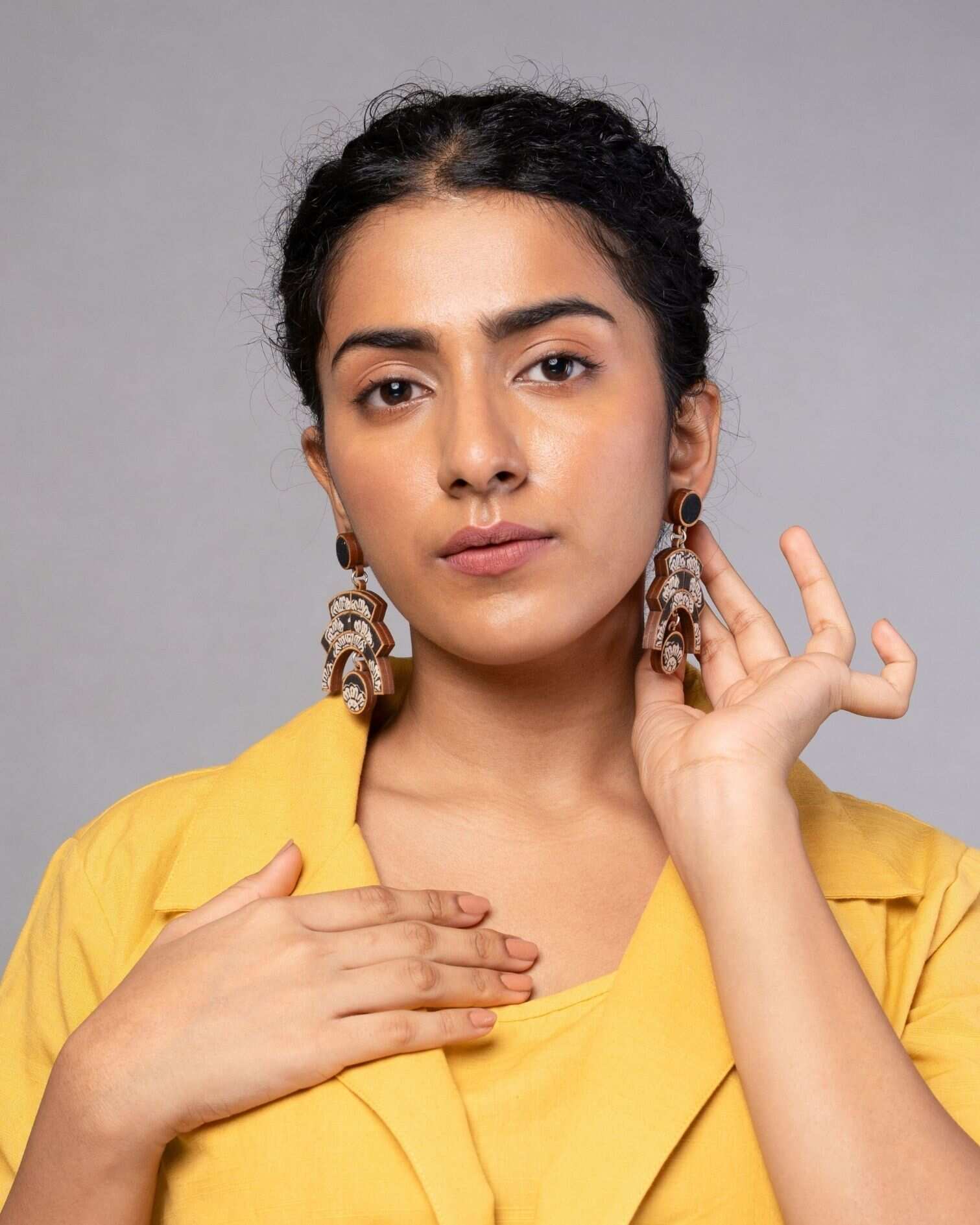 WHE Black Kalamkari Floral Arch Repurposed Fabric and Wood Statement Earrings