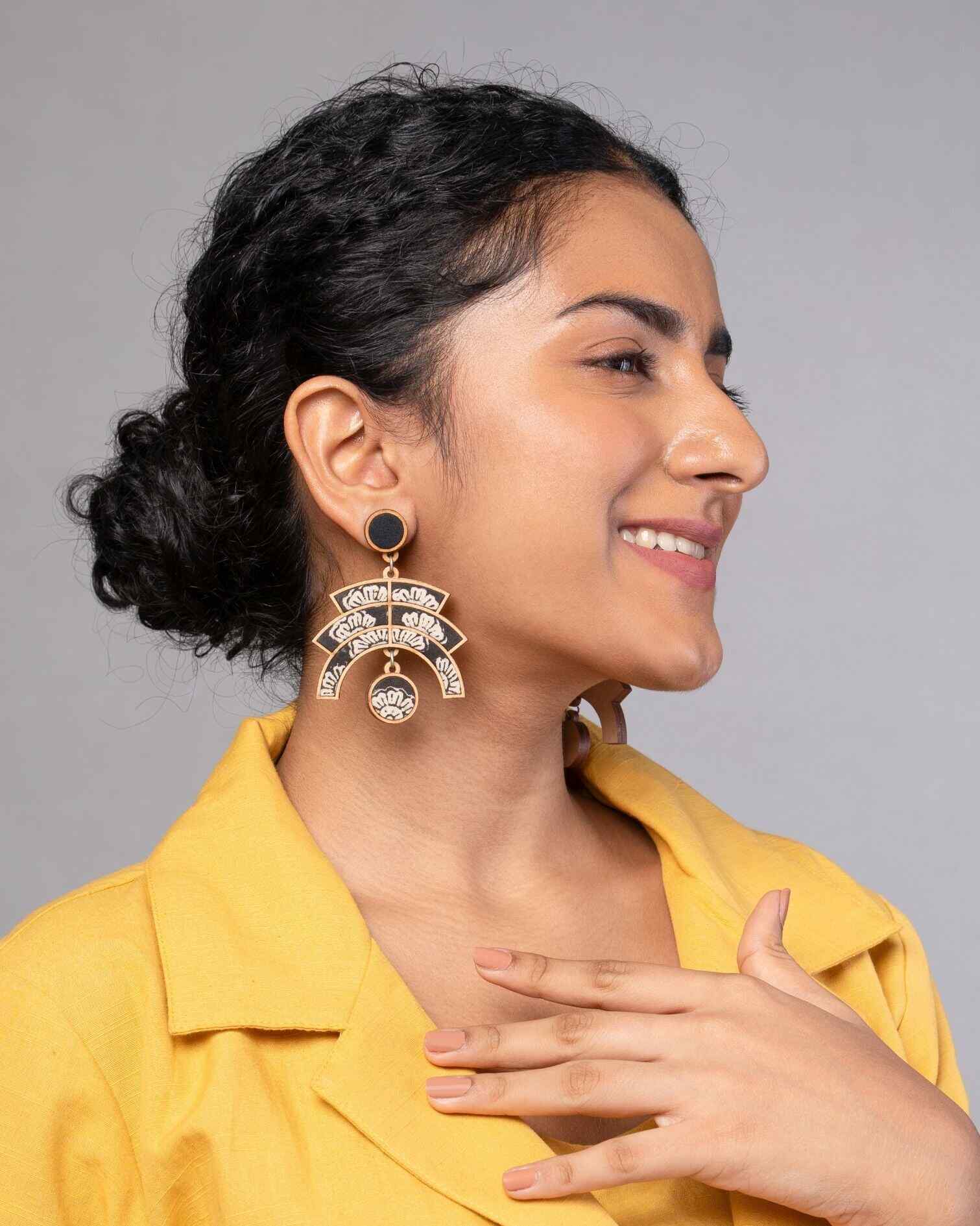 WHE Black Kalamkari Floral Arch Repurposed Fabric and Wood Statement Earrings