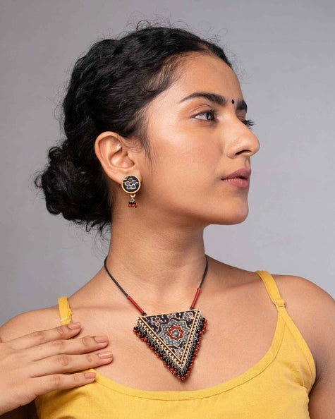 WHE Ajrakh Multicolour Repurposed Fabric and Wood Stud Earrings