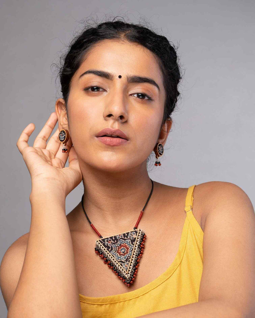 WHE Ajrakh Multicolour Repurposed Fabric and Wood Stud Earrings