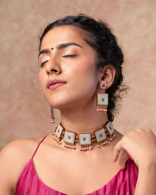 WHE Kantha Columbia Blue Repurposed Silk Fabric and Wood Earrings
