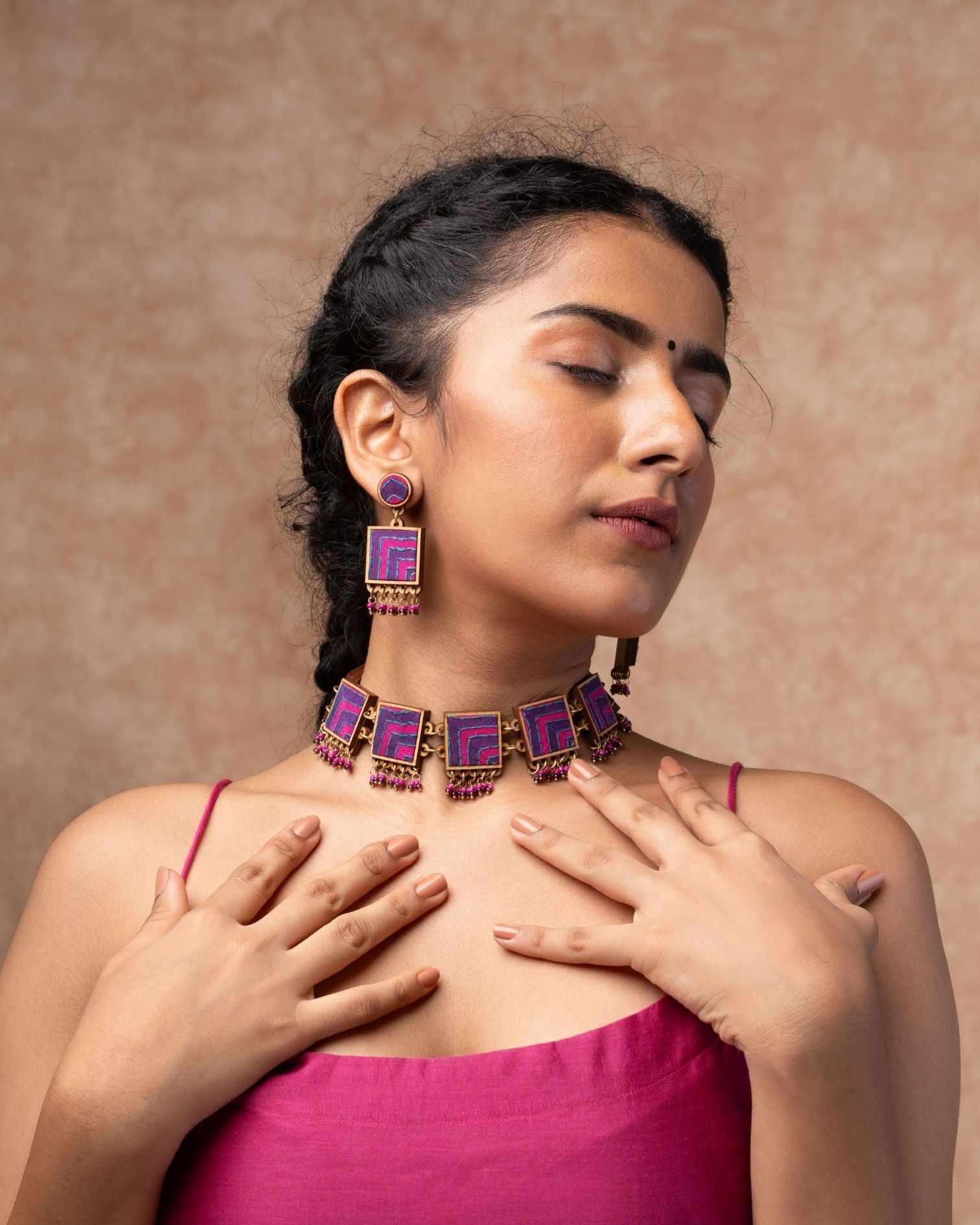 WHE Pink Purple Kantha Repurposed Silk Fabric and Wood  Earrings