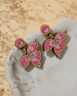 WHE Pink Bloom Repurposed Fabric and Wood Leaf Earrings