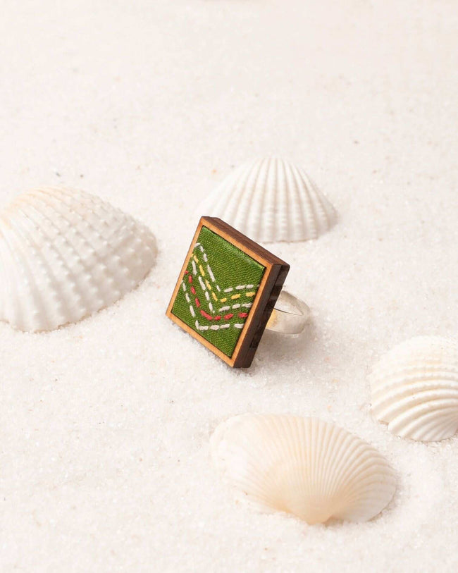 WHE Kantha Green Repurposed Silk Fabric and Wood Ring