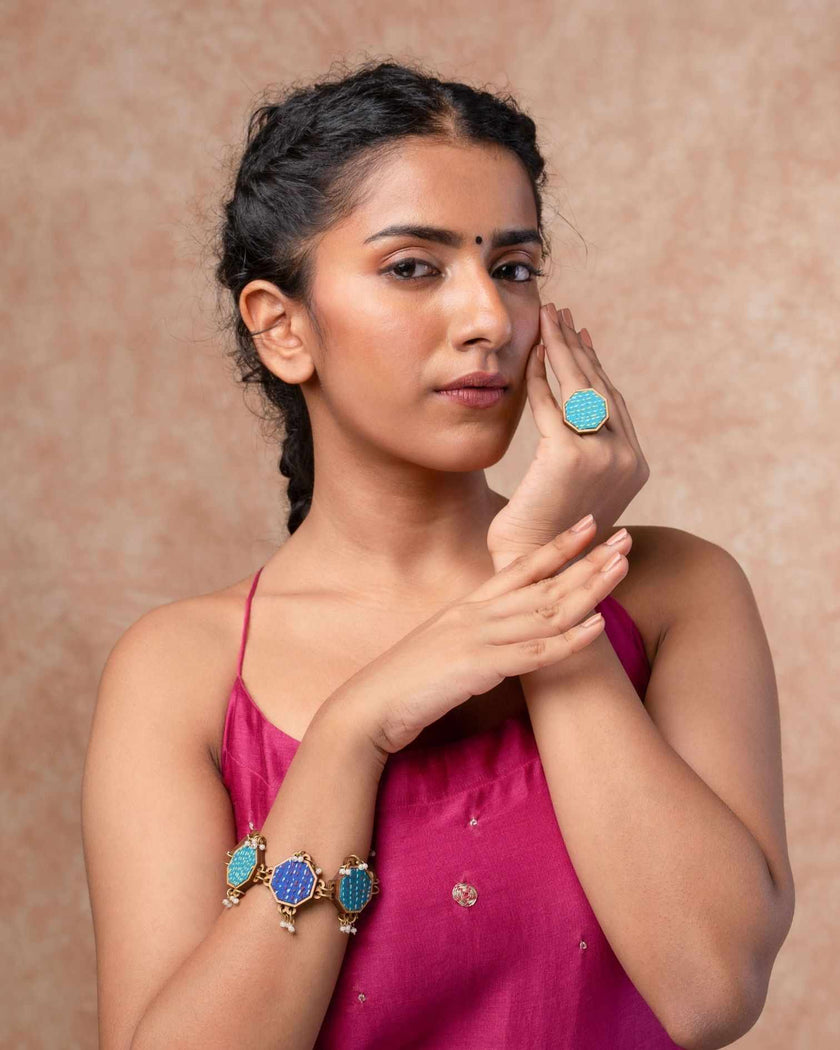 WHE Turquoise Kantha Repurposed Silk Fabric and Wood Ring