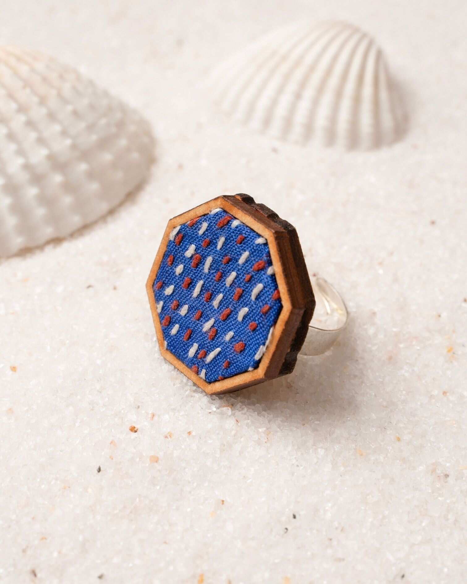 WHE Blue Kantha Repurposed Silk Fabric and Wood Ring