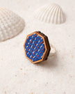 WHE Blue Kantha Repurposed Silk Fabric and Wood Ring