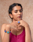 WHE Blue Kantha Repurposed Silk Fabric and Wood Ring