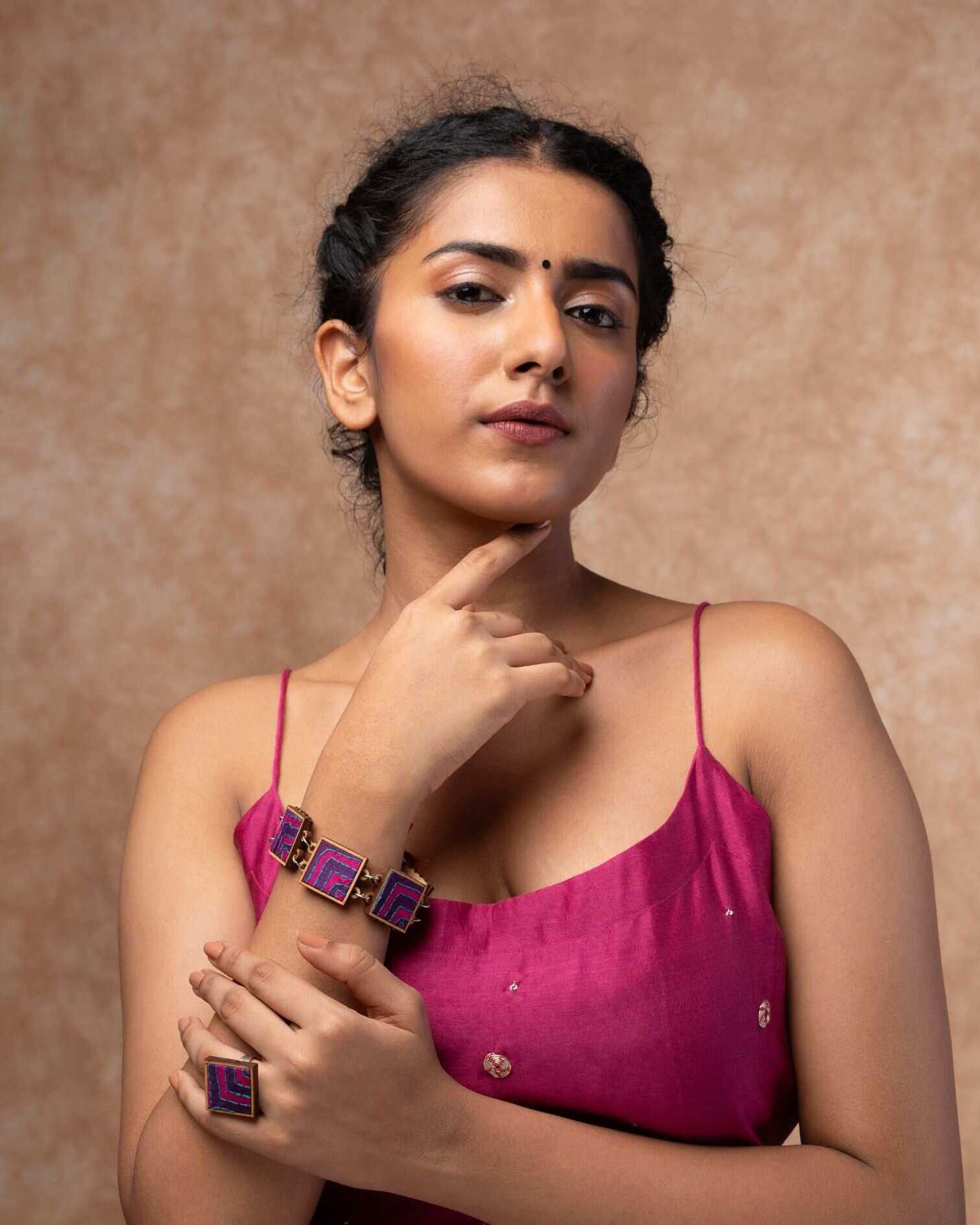WHE Pink Purple Kantha Repurposed Silk Fabric and Wood Ring
