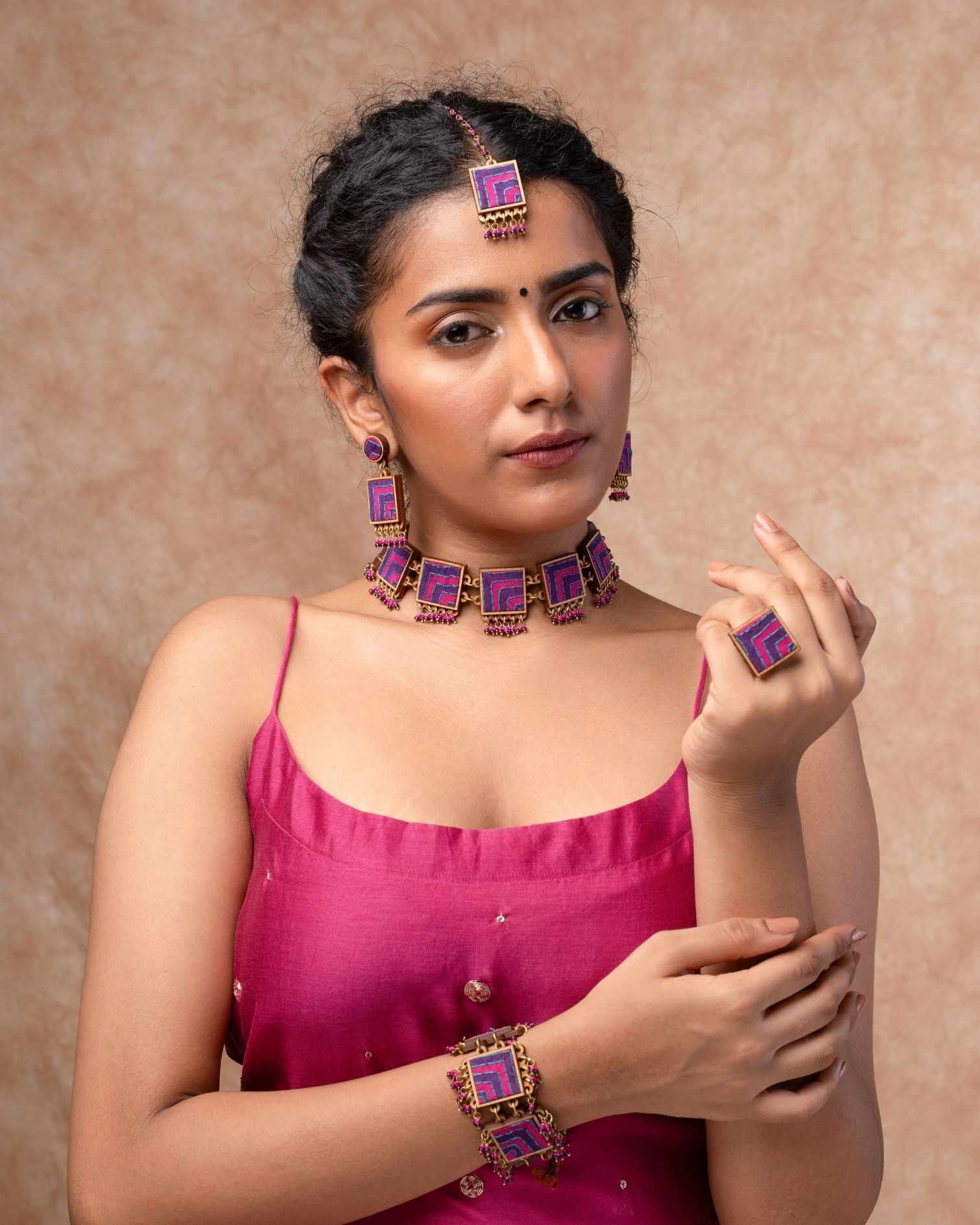 WHE Pink Purple Kantha Repurposed Silk Fabric and Wood Ring